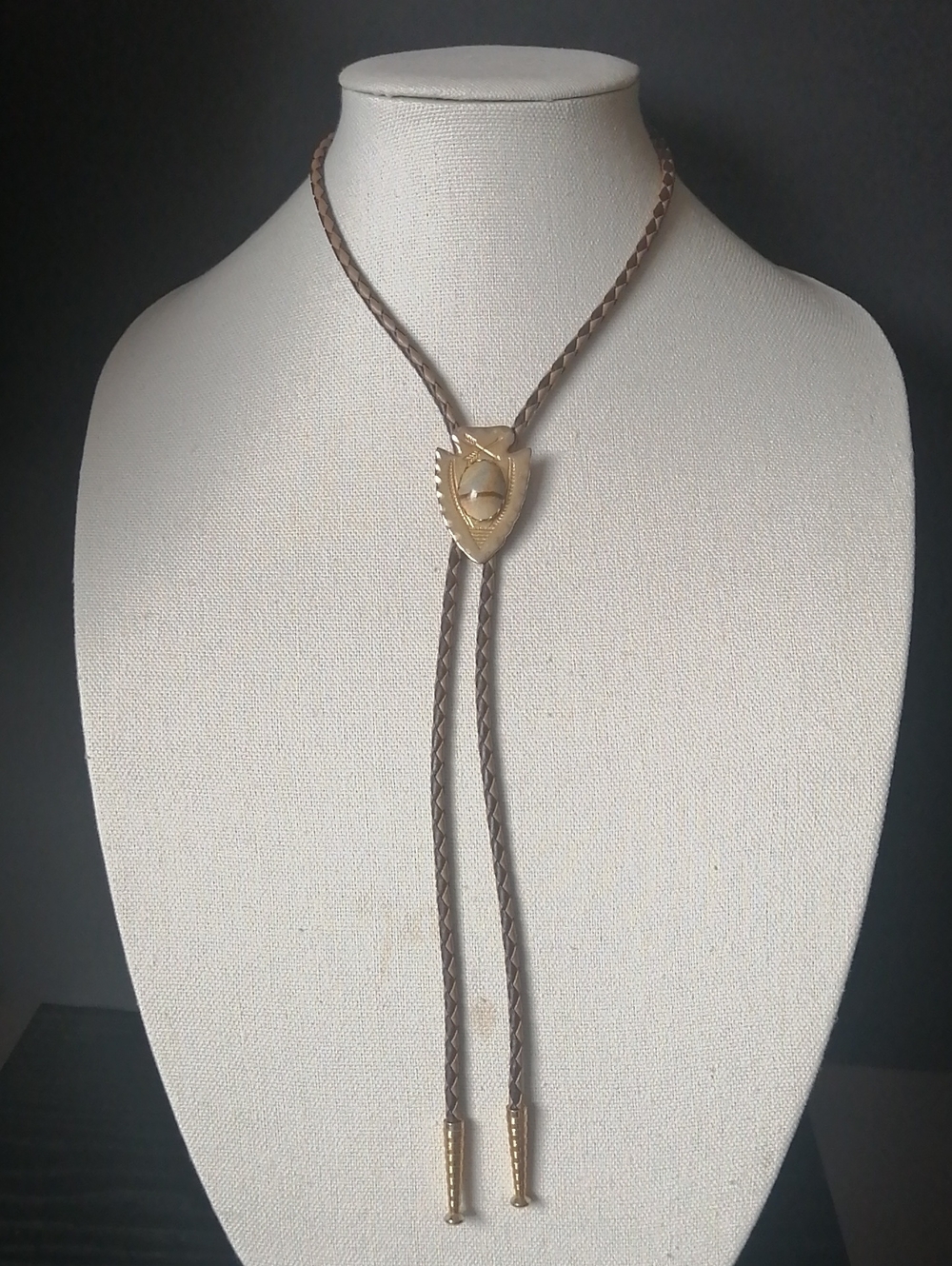 Vintage Bolo Tie Western Arrowhead Goldtone Clasp Stone Inlay Leather Cord